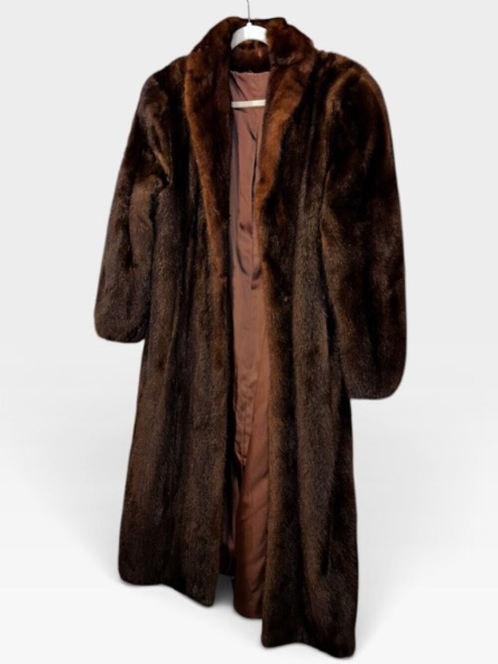 Vintage 60s brown tea length mink shawl neck coat M